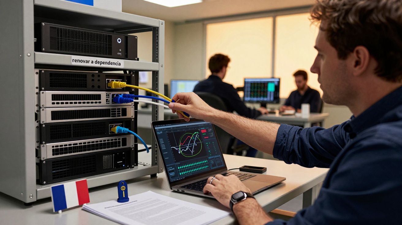 Homem a conectar cabos num servidor; portátil aberto com gráficos; bandeira da França na mesa.
