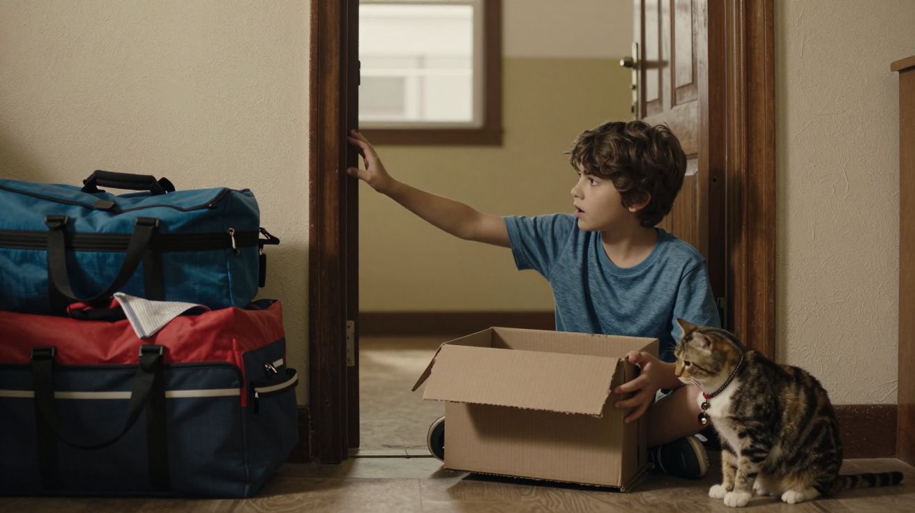 Menino sentado no chão abre uma porta, com um gato ao lado e uma caixa de papelão, malas ao fundo.