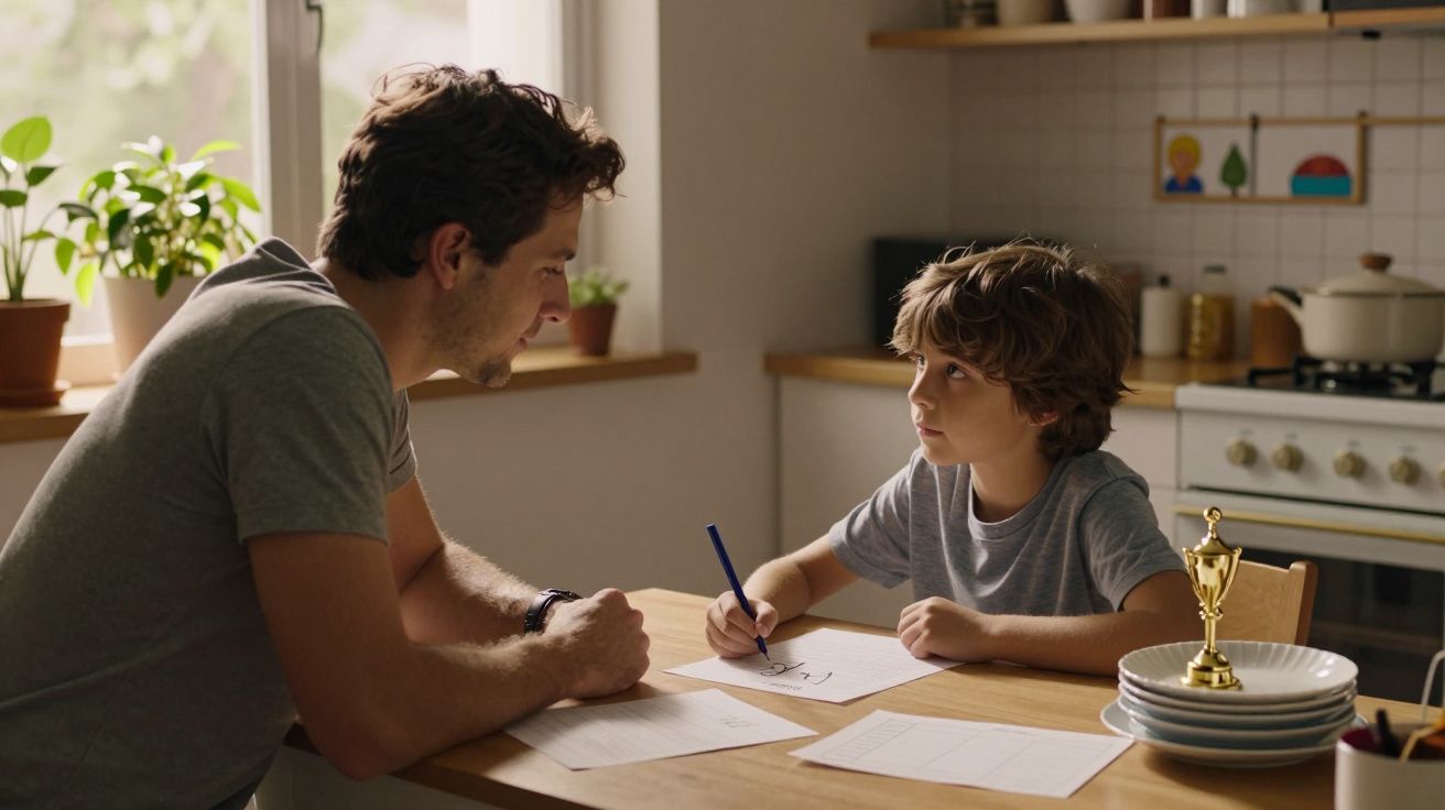 Pai e filho a fazerem trabalhos de casa juntos numa cozinha ensolarada, com uma taça dourada sobre a mesa.