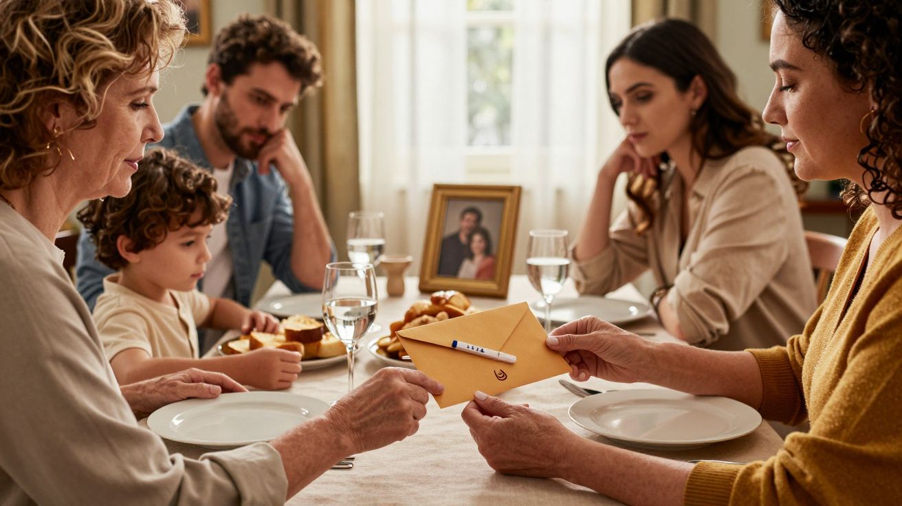 Família sentada à mesa com fotografia ao fundo e mulheres a trocarem envelope.