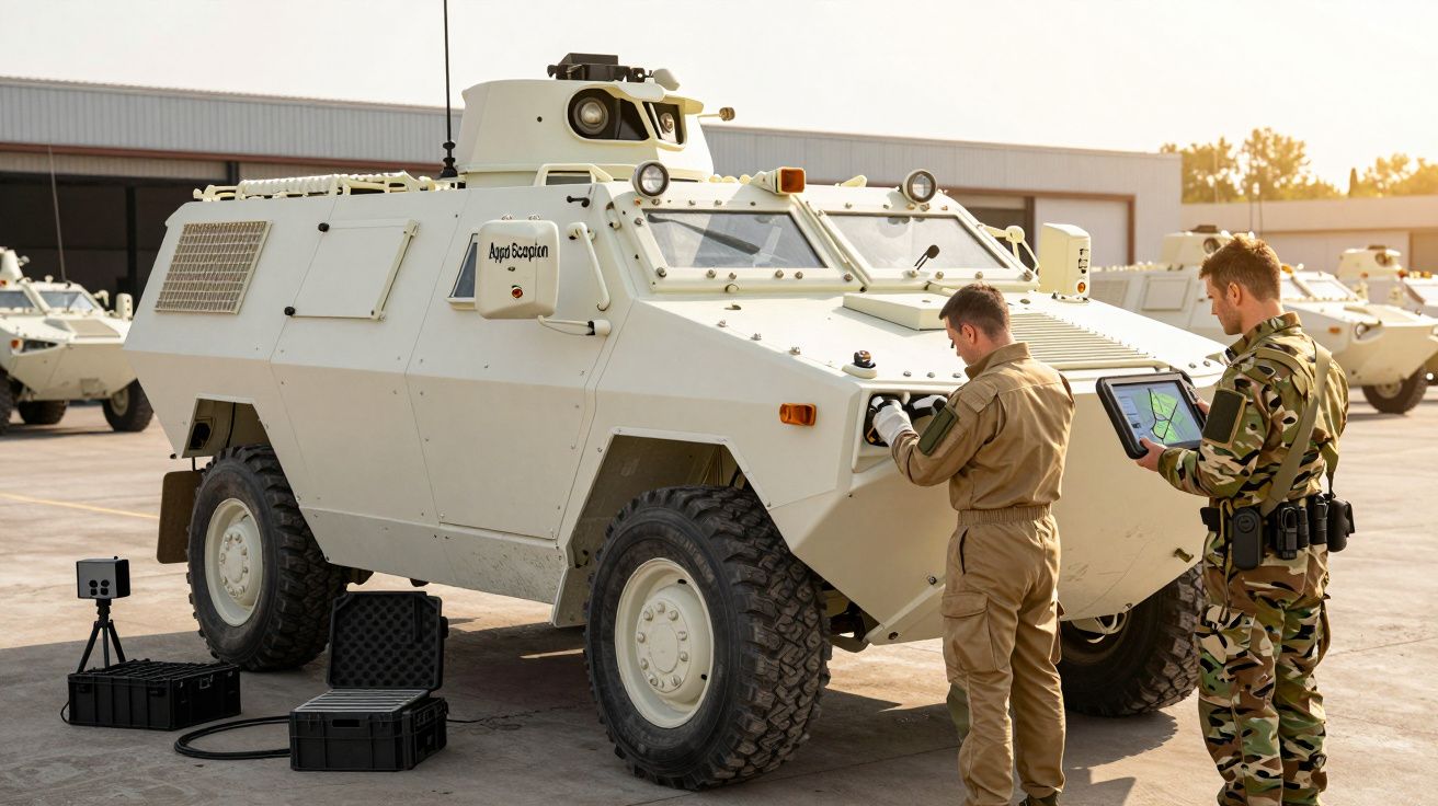 Veículo blindado branco em pátio, com dois homens em uniforme militar a inspecioná-lo ao lado de equipamento técnico.