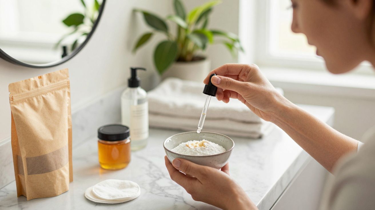 Mulher prepara tratamento de beleza com pó e líquido numa tigela em bancada de casa de banho com plantas ao fundo.