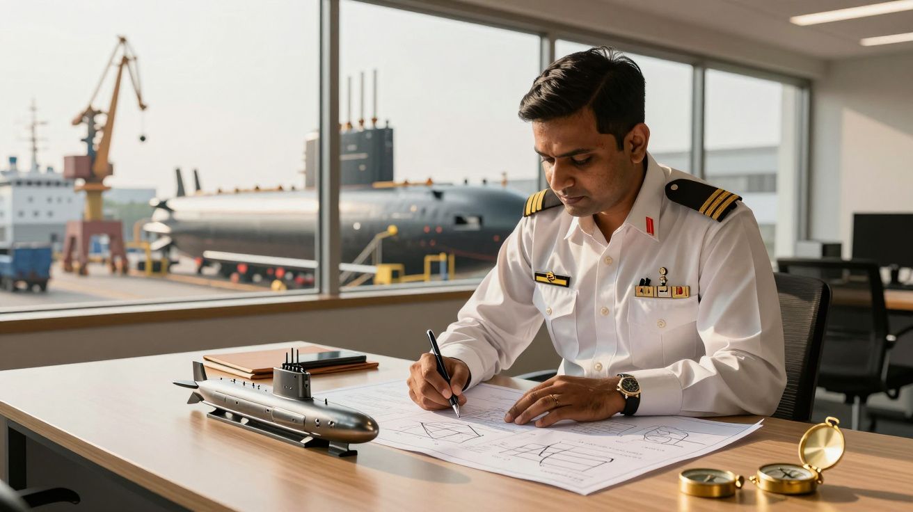Oficial naval desenha planos técnico numa mesa com modelo de submarino. Submarino real visível através da janela.