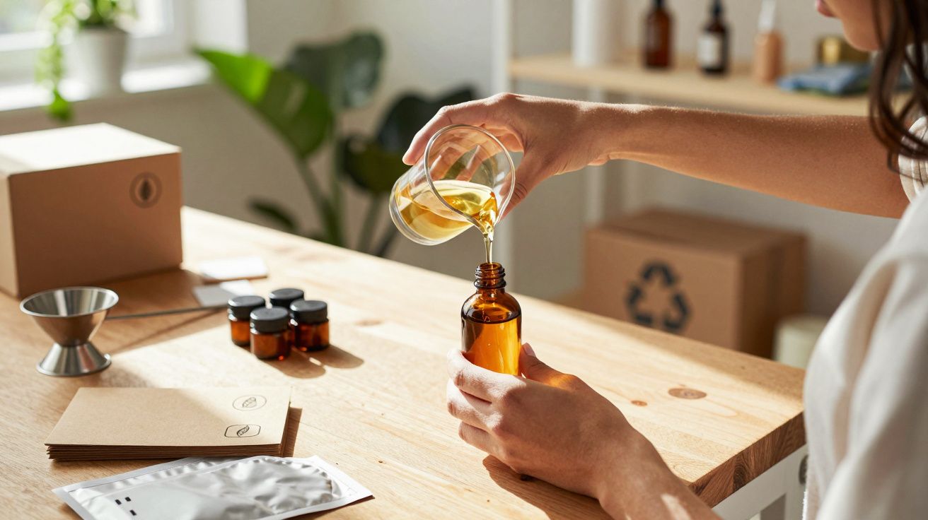 Pessoa a verter líquido âmbar num frasco de vidro âmbar, em mesa com materiais de embalagem e plantas ao fundo.
