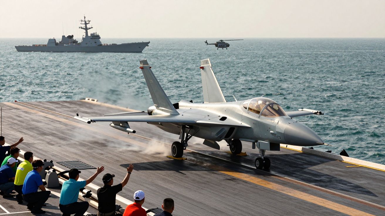 Avião de caça a descolar porta-aviões com navio e helicóptero ao fundo, marinheiros assistem na pista.