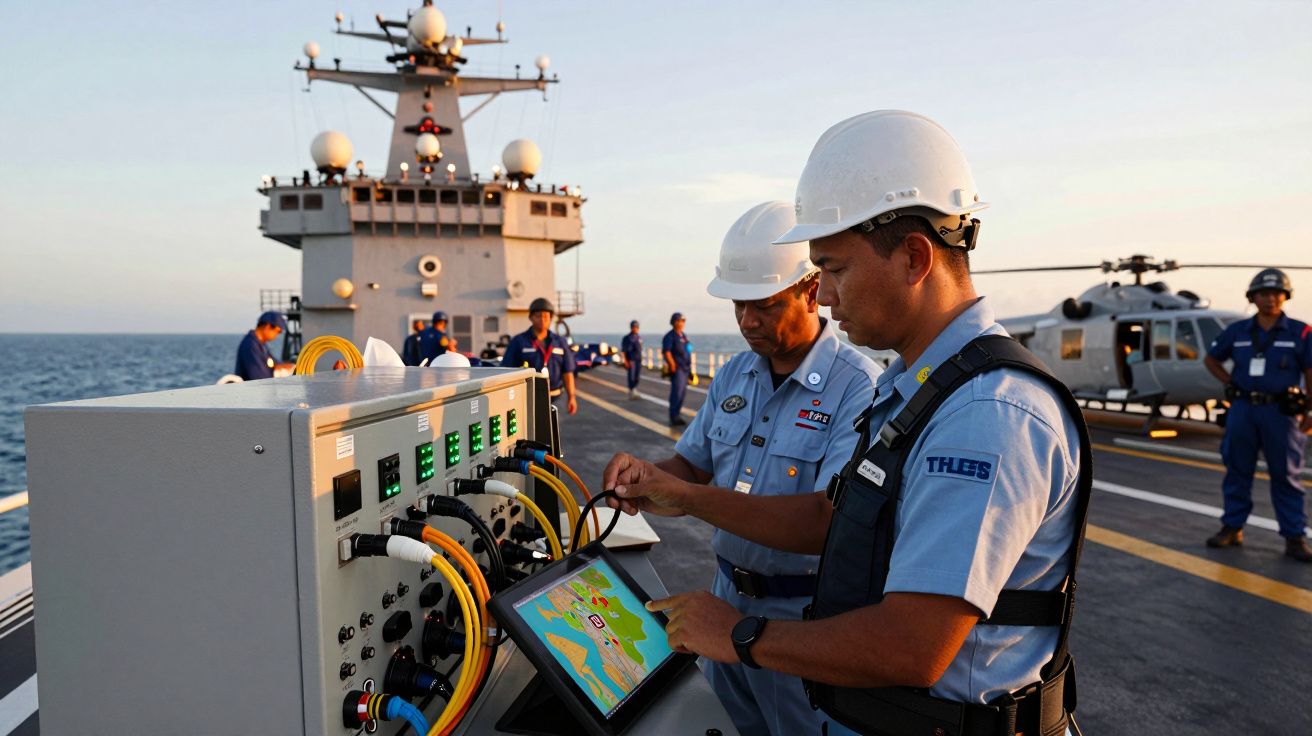 Marinheiros num navio de guerra operam equipamento com um tablet; ao fundo, helicóptero e mar.