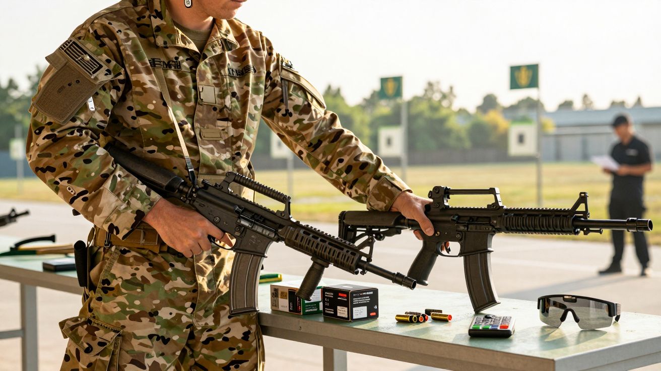 Soldado de uniforme camuflado segurando armas em mesa ao ar livre com munições e óculos de proteção.
