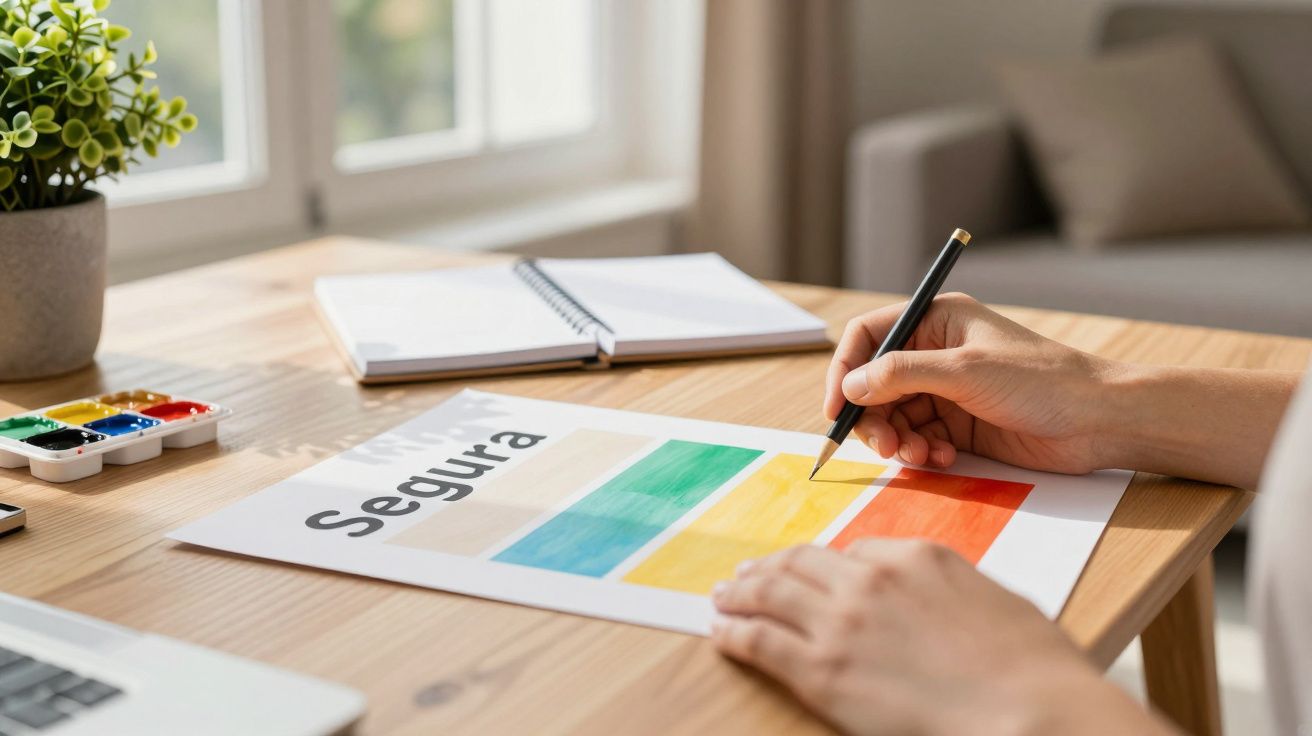 Pessoa escreve com caneta numa folha com barras coloridas e a palavra "Segura" numa mesa com caderno e aquarelas.