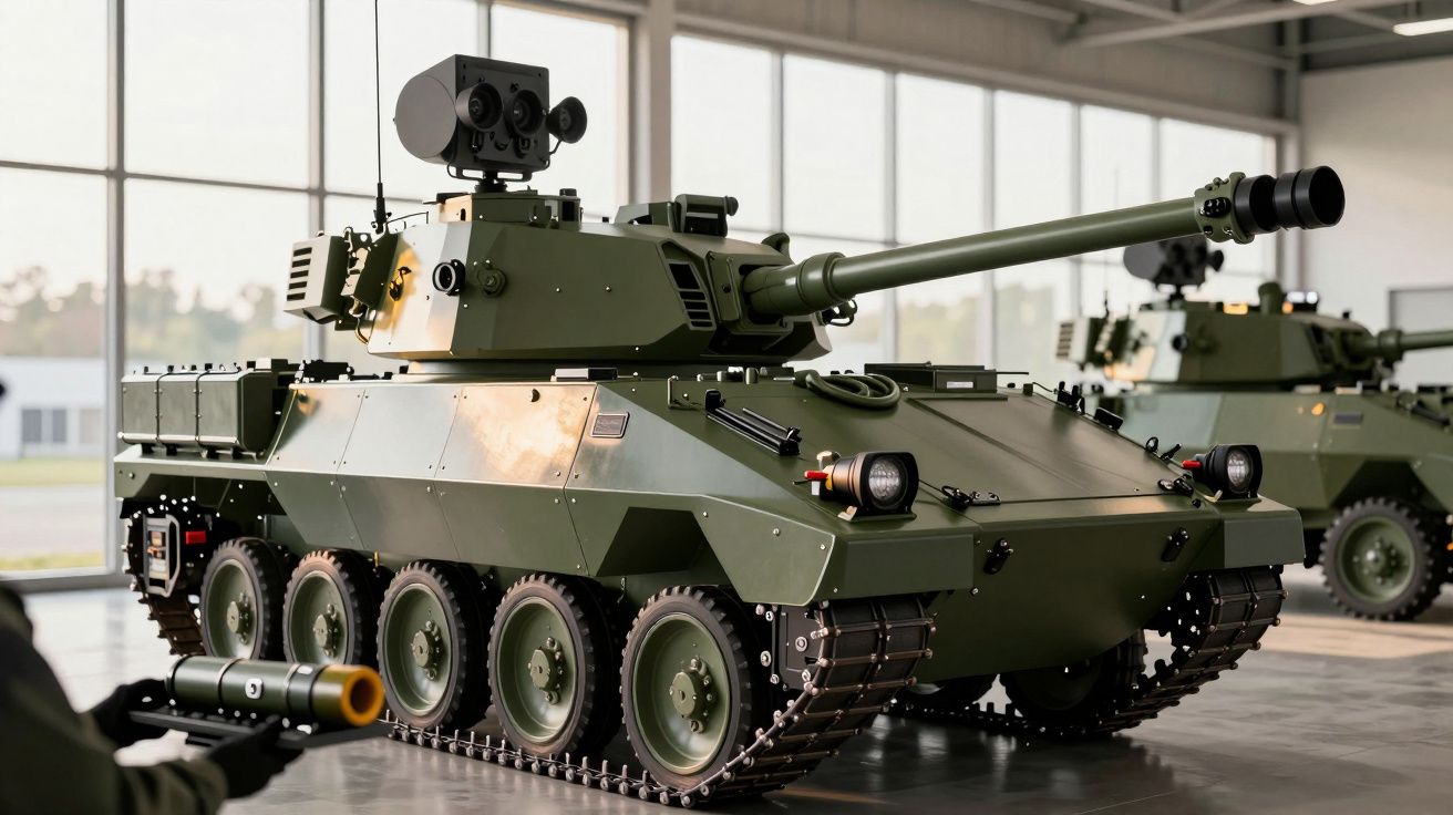 Tanque militar verde com lagartas, exposto num hangar iluminado, com janela ao fundo.