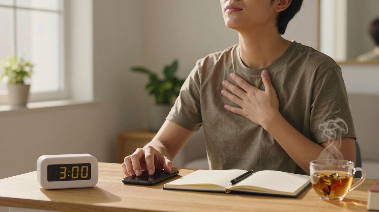 Pessoa sentada à mesa com chávena de chá, bloco de notas, telemóvel e relógio mostrando 3:00, mão no peito.