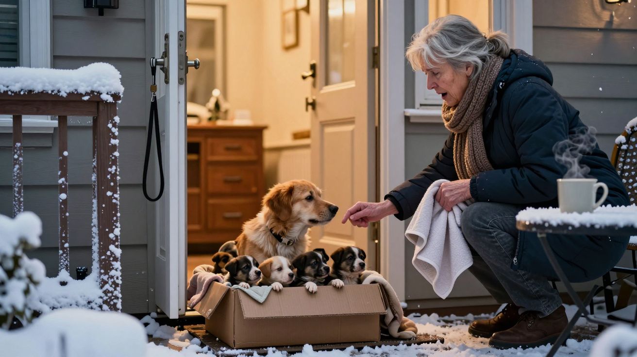 Mulher alimenta cão e filhotes numa caixa, numa varanda com neve.