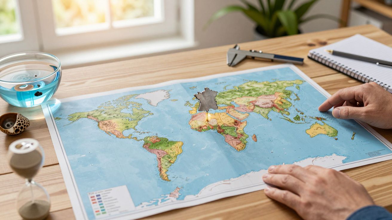 Mãos apontando para um mapa-múndi sobre uma mesa, com plantas, caderno e taça de água ao redor.