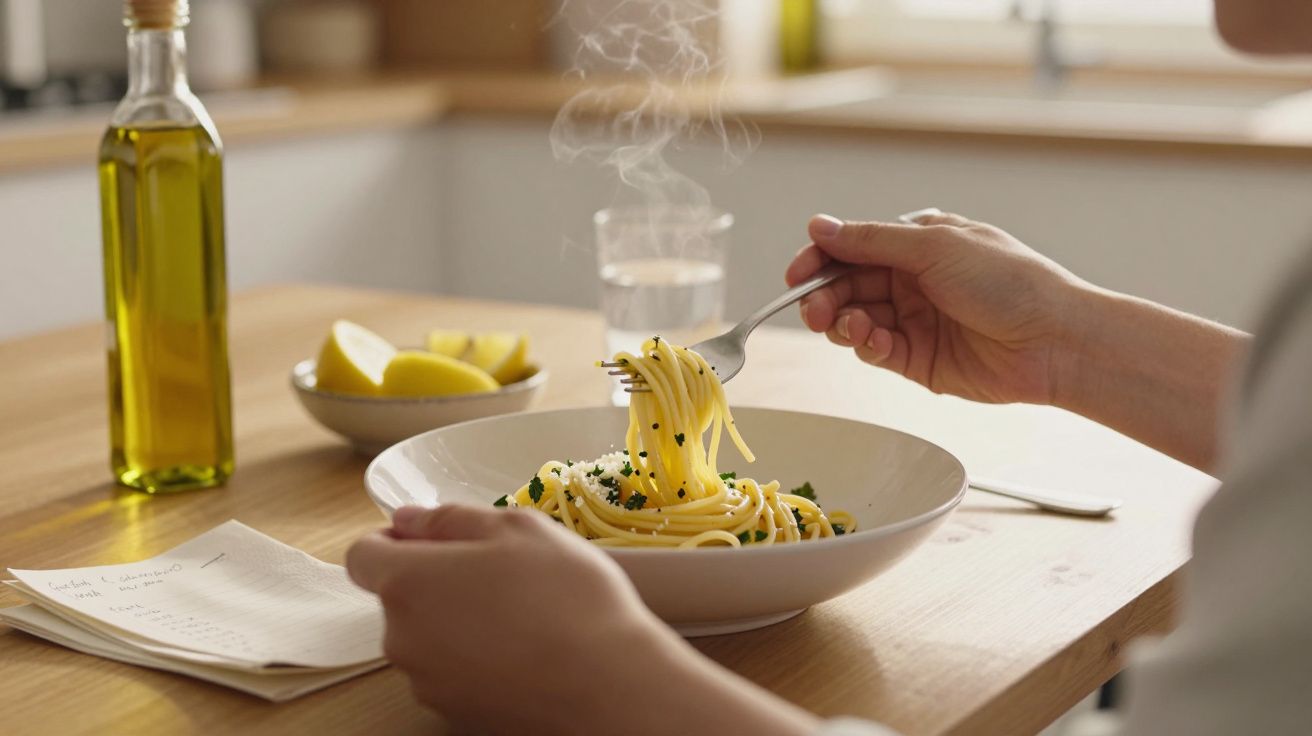 Pessoa segura um garfo de esparguete com salsa num prato branco, com azeite e limões ao fundo numa cozinha.