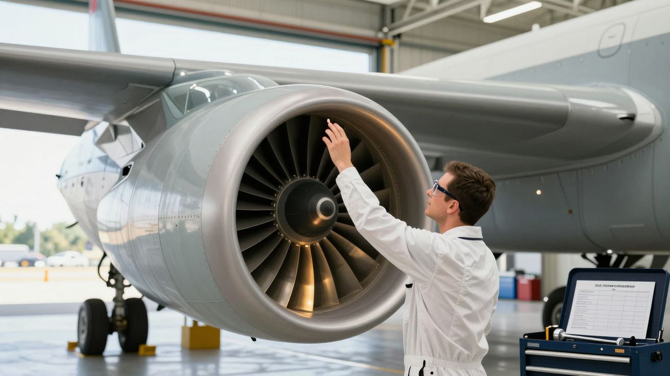 Técnico inspeciona motor de um avião num hangar, usando equipamento à direita.