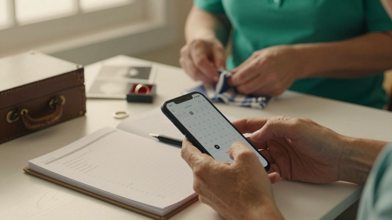 Pessoa a usar telemóvel com calendário aberto numa mesa, ao lado de caderno, mala, anel e outra pessoa a dobrar tecido.