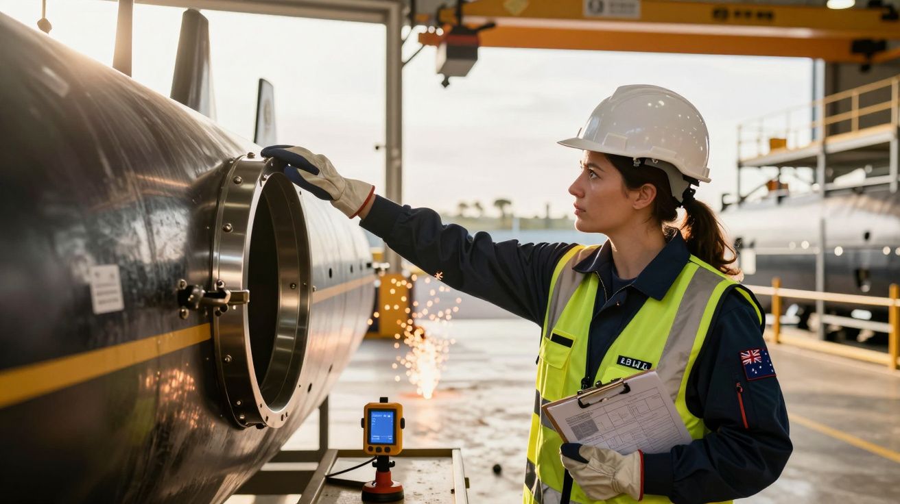 Engenheira com capacete inspecciona equipamento industrial numa fábrica, segurando um bloco de notas.