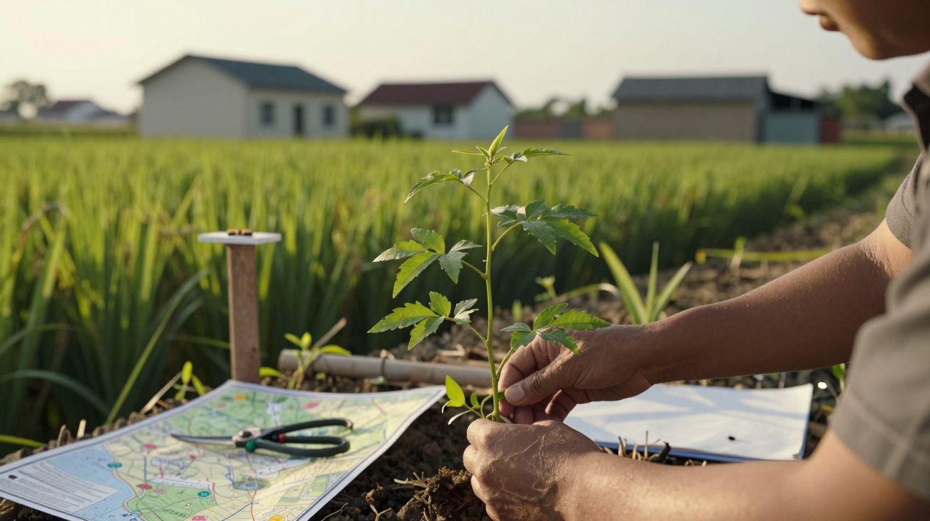 Pessoa plantando muda num campo com casas ao fundo, mapa e tesoura na terra.