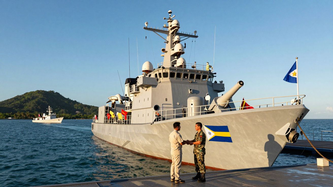 Dois homens a apertar as mãos em frente a um navio militar cinza atracado, com bandeiras coloridas ao fundo.