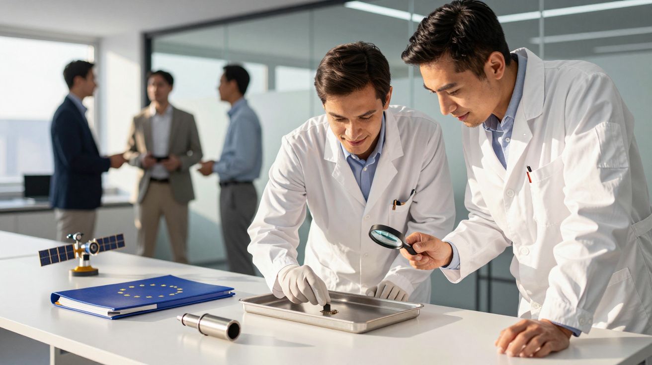 Cientistas de bata branca examinam amostra em laboratório; ao fundo, duas pessoas conversam.