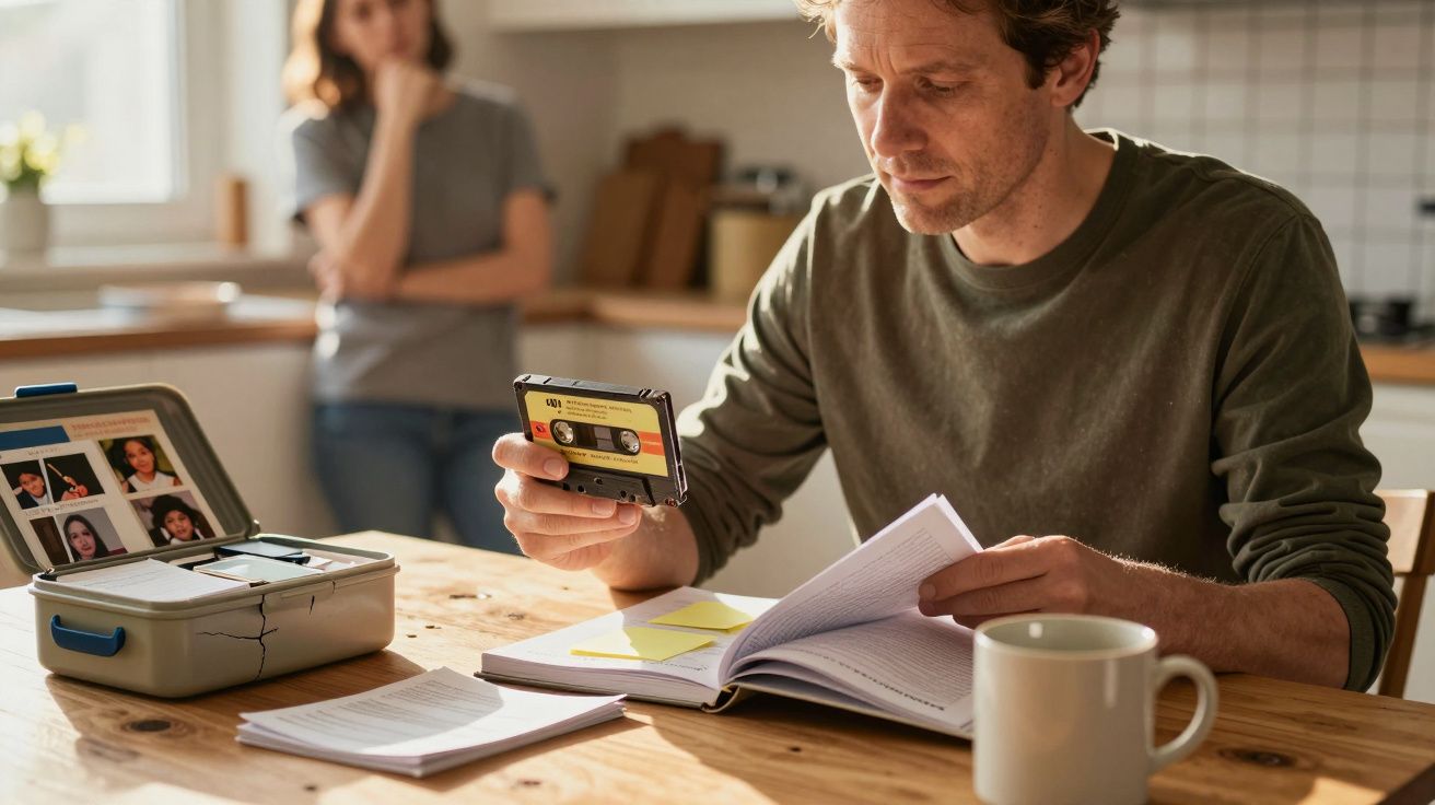 Homem segurando cassete e lendo na mesa com chávena, caderno e caixa de fotos enquanto mulher observa ao fundo.