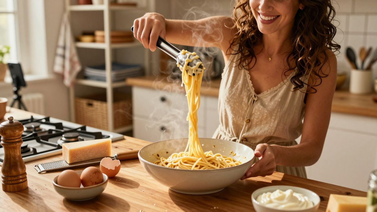 Mulher sorrindo serve esparguete quente numa cozinha acolhedora, com ingredientes ao redor na bancada de madeira.