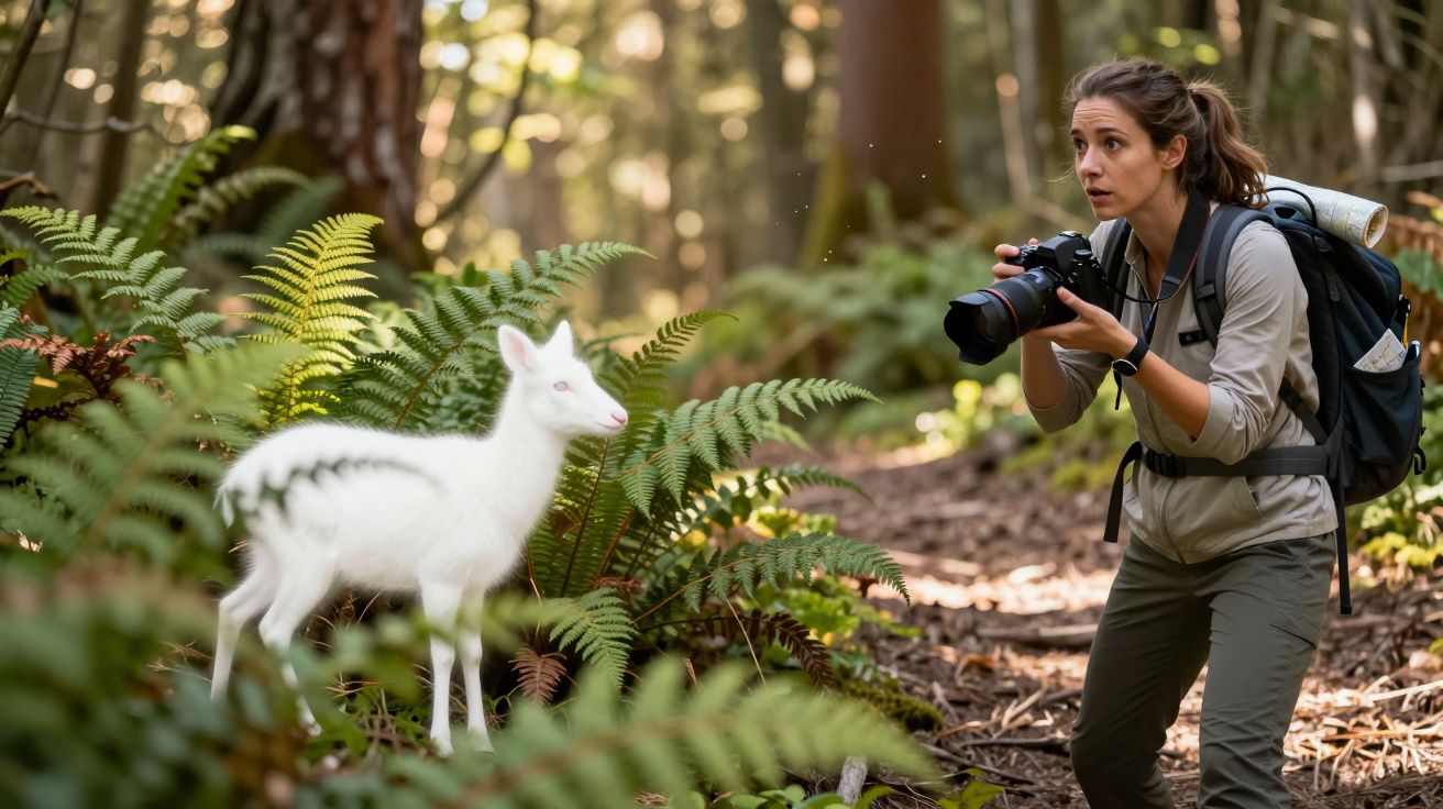 Fotógrafa observa um cervo branco numa floresta, rodeada de fetos e árvores, concentrando-se na captura da imagem.