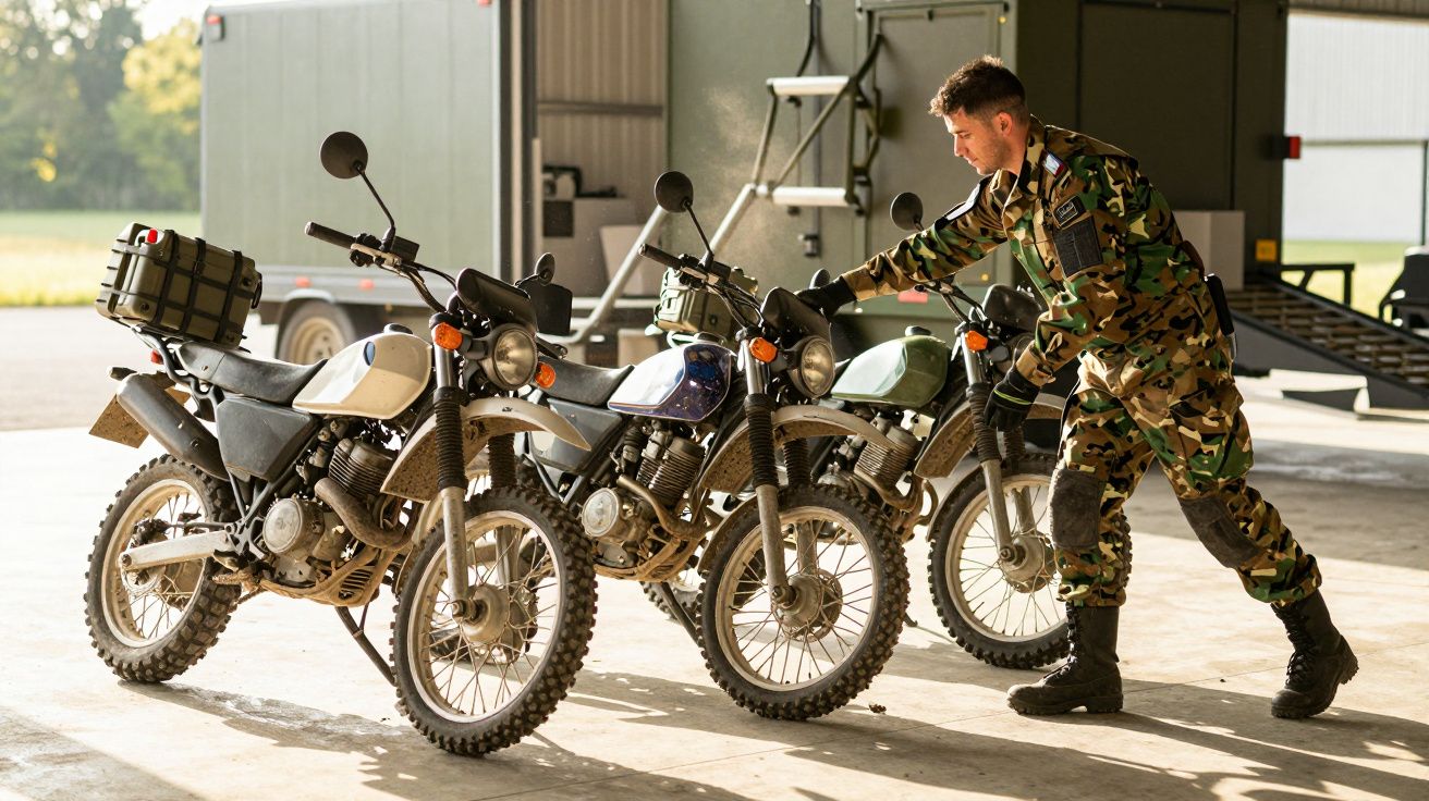 Soldado de uniforme camuflado organiza três motas estacionadas num hangar iluminado pelo sol.
