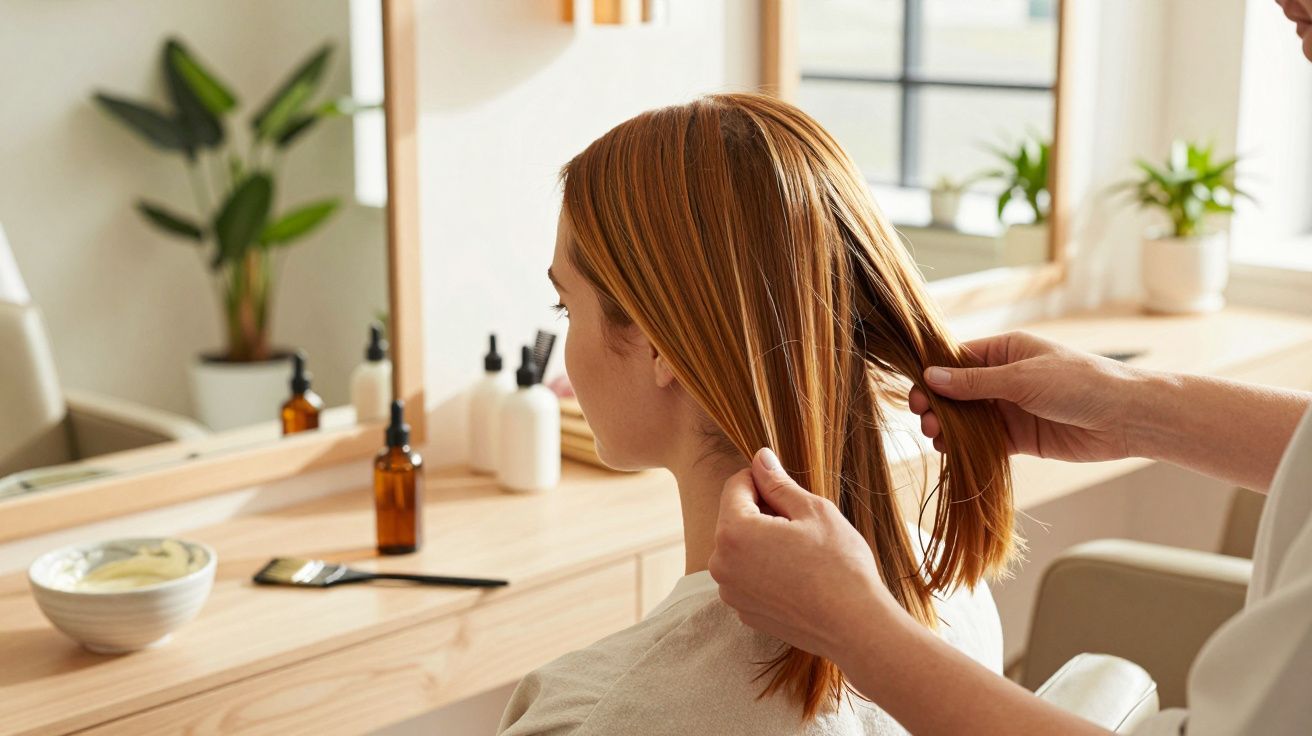 Cabeleireiro penteia cabelo loiro numa cliente sentada numa cadeira de salão. Produtos de cuidados no balcão à frente.