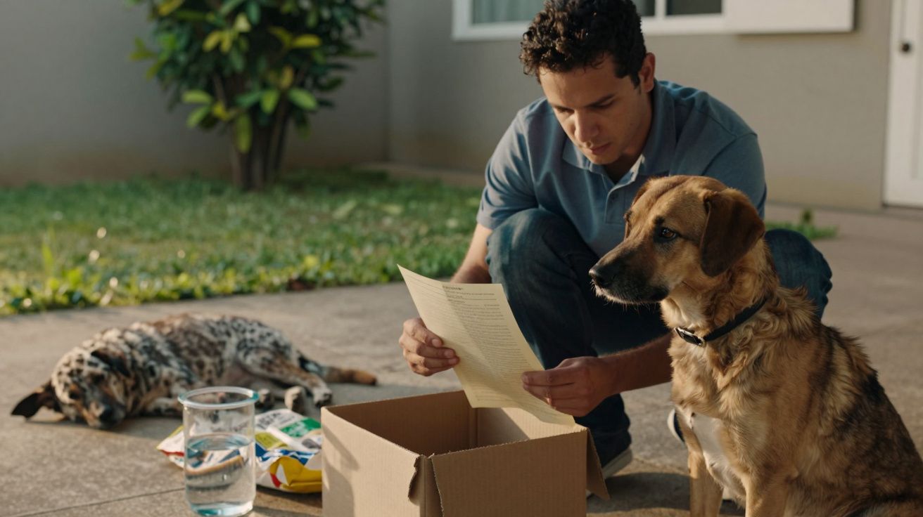 Homem a ler um documento ao lado de um cão em frente a uma caixa de papelão. Outro cão deitado ao fundo.