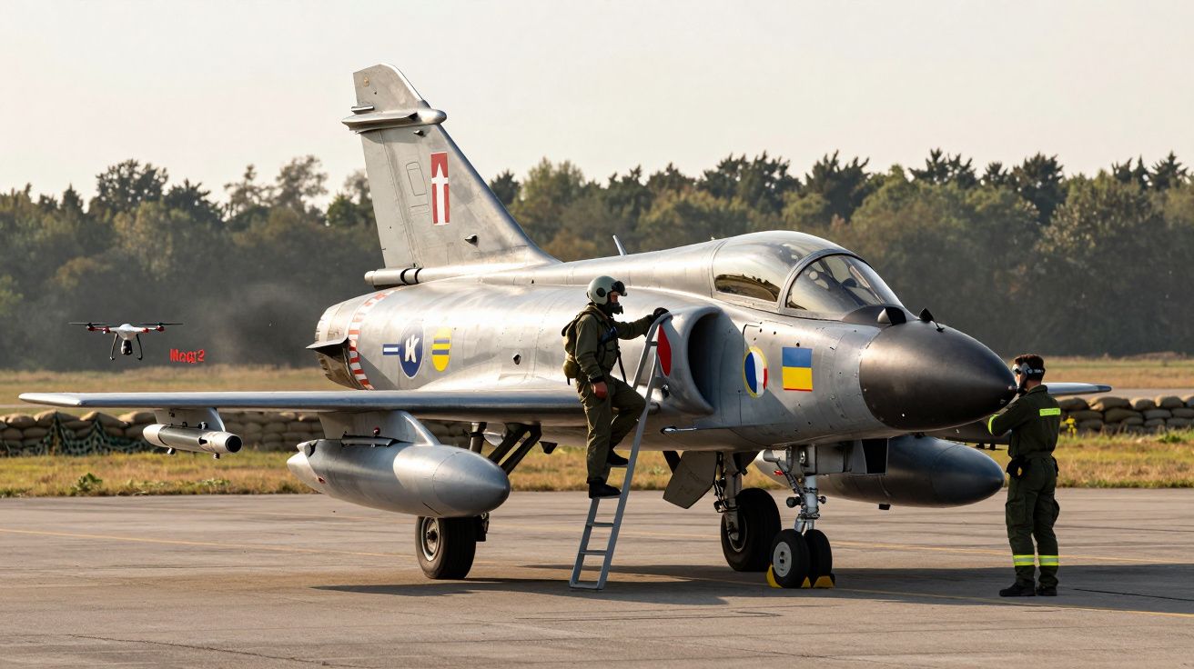 Avião militar em pista, com piloto subindo escada e drone voando próximo, à luz do dia.