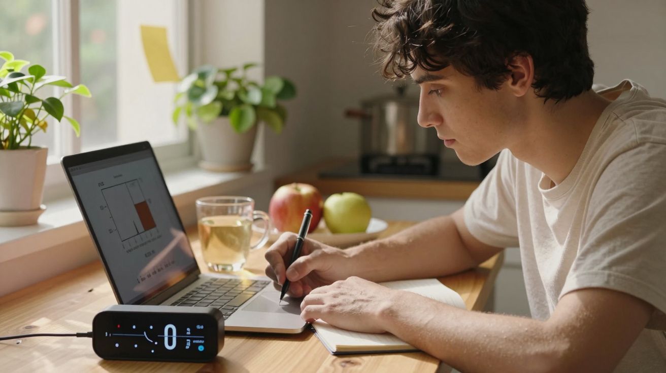 Homem a estudar numa mesa com portátil aberto, bloco de notas, chávena, maçãs e despertador digital ao lado.
