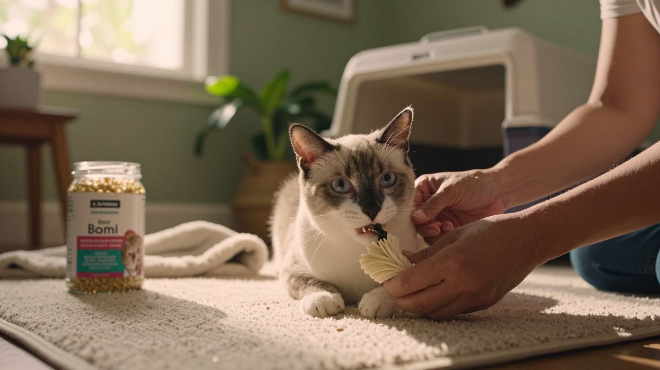 Gato deitado num tapete a comer petisco, com mão humana a segurá-lo e frasco de snacks ao lado.