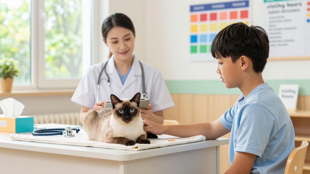 Menino com gato siames em mesa de veterinário, médica sorrindo ao fundo.