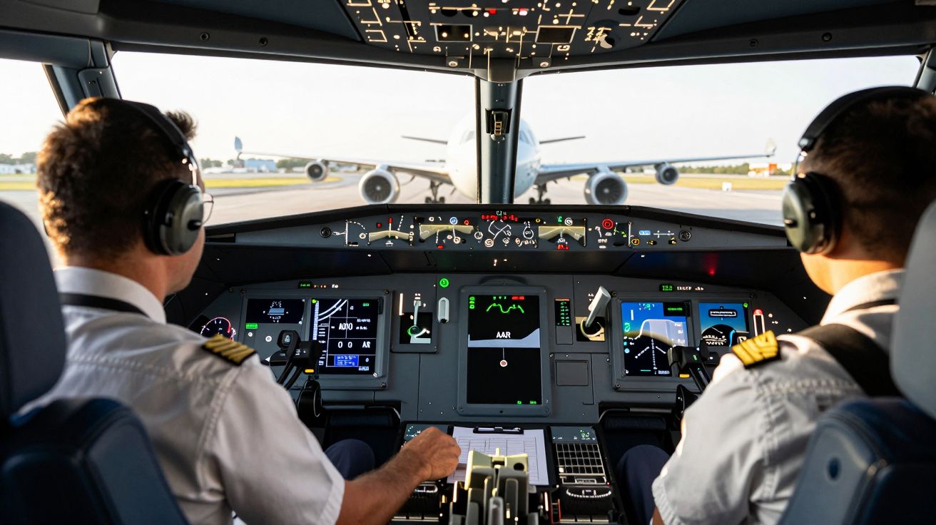Pilotos na cabine de um avião em pista, visualizando outro avião à frente.