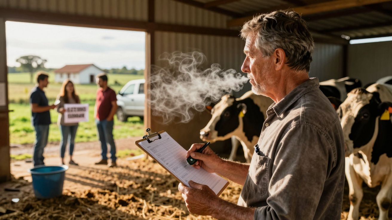 Homem a escrever num bloco de notas numa vacaria enquanto três pessoas conversam ao fundo perto de uma vaca.
