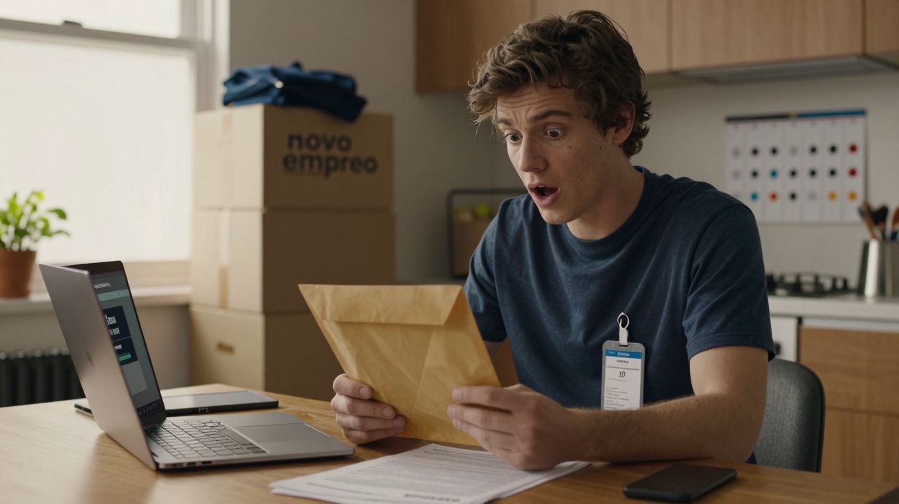 Homem surpreso segura envelope em escritório com caixas e laptop, pronto para novo emprego.