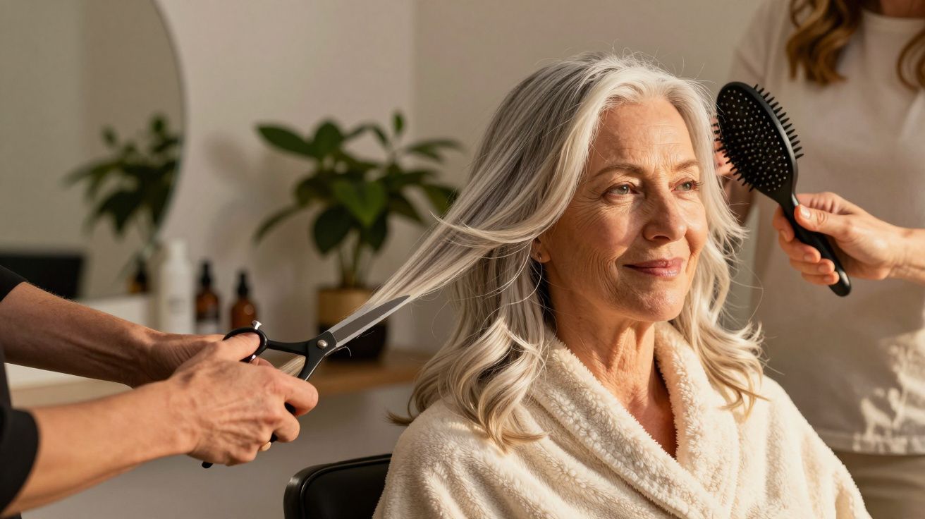 Mulher idosa com cabelo grisalho num salão de beleza, enquanto estilistas a escovam e cortam.
