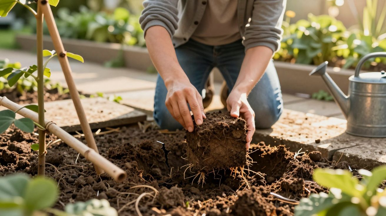 Pessoa a plantar uma muda num jardim, rodeada de terra e plantas, com regador metálico ao lado.