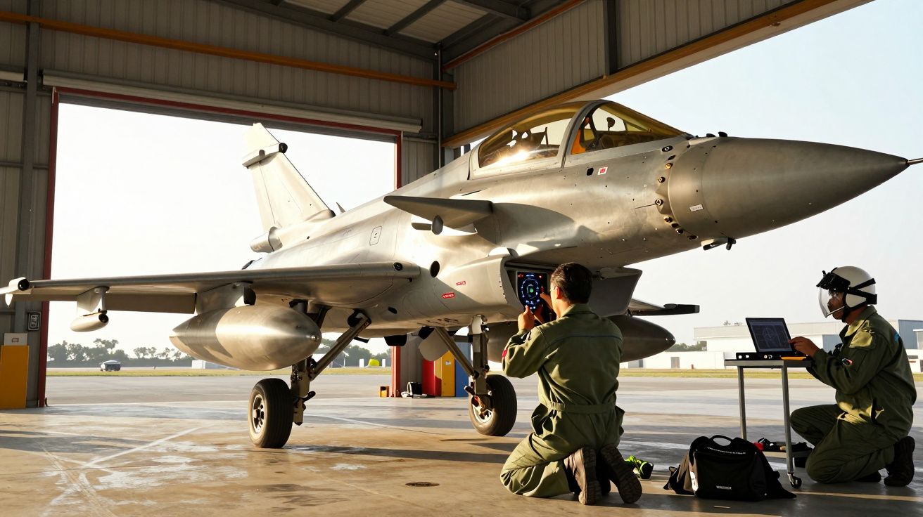 Caça a jato em hangar, com dois técnicos em uniforme verde realizando manutenção.