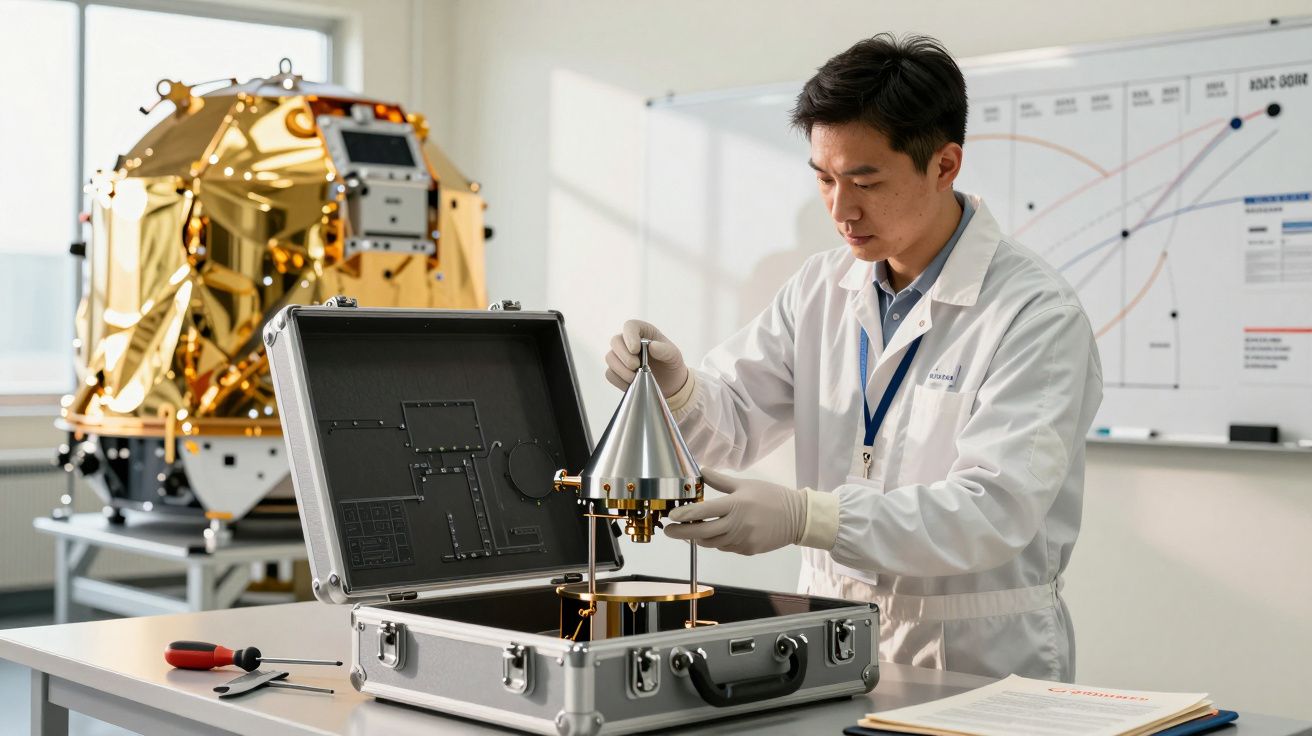 Cientista asiático trabalhando em laboratório com equipamento tecnológico em mala cinza, satélite ao fundo e quadro de planos