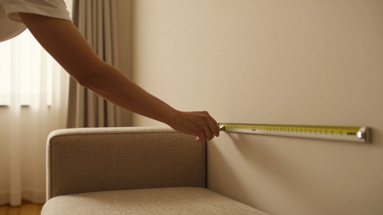 Pessoa mede distância na parede acima de um sofá bege com fita métrica. Cortina clara ao fundo.