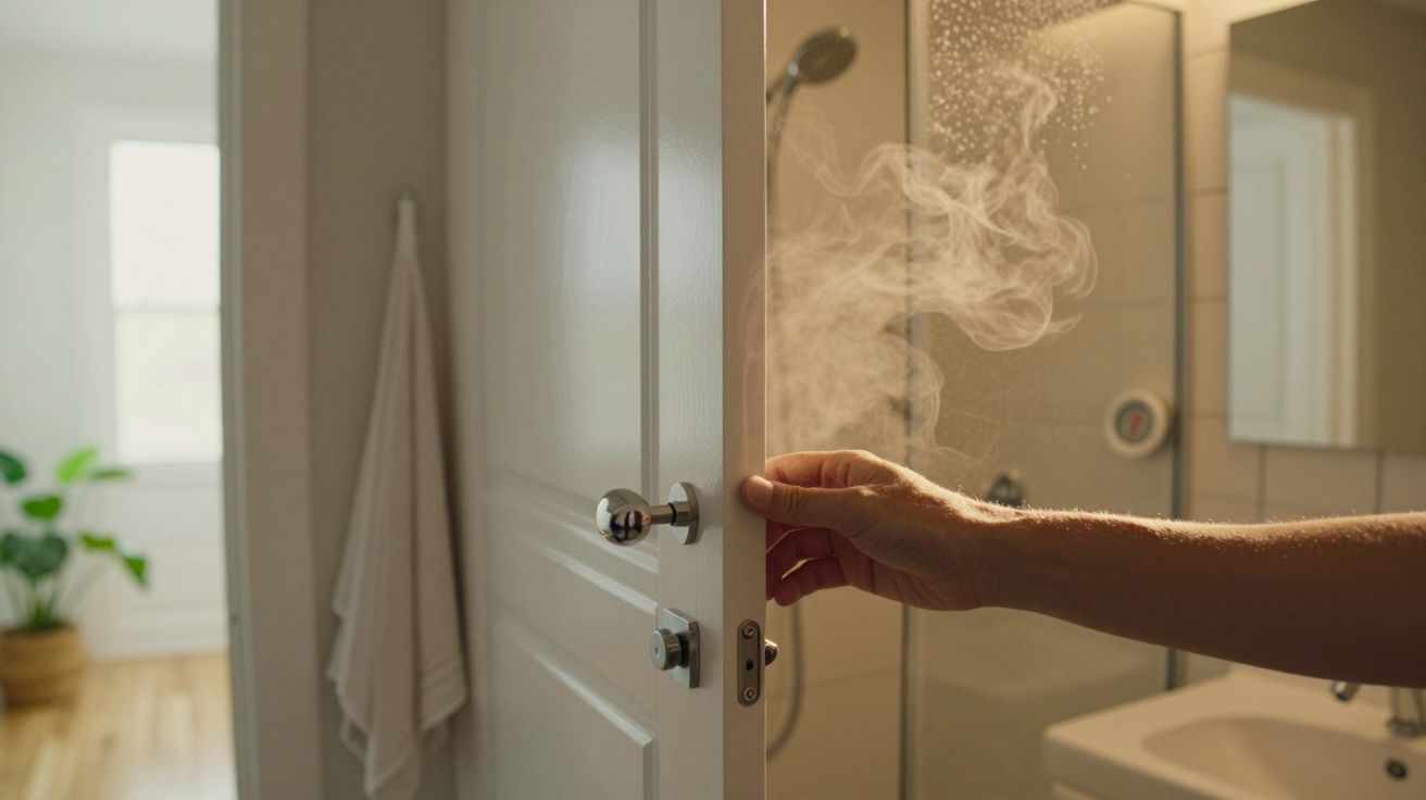 Mão a abrir a porta de uma casa de banho com vapor, mostrando um chuveiro ao fundo e toalha pendurada na parede.
