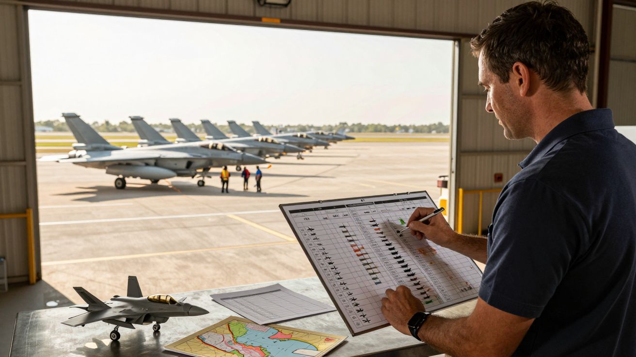 Homem revê plano de voo num hangar, com caças em fila na pista e mapa sobre a mesa.