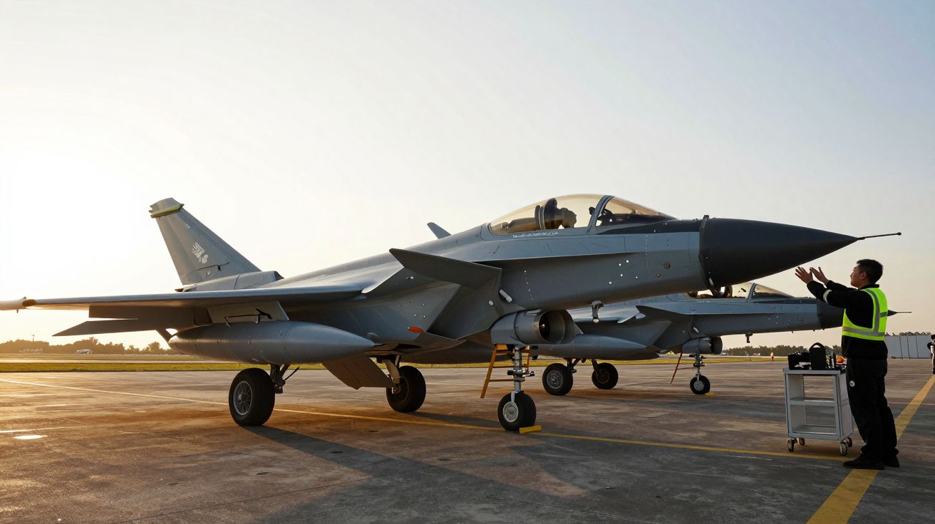 Avião de combate cinzento estacionado na pista ao pôr do sol, com técnico ao lado dando instruções.
