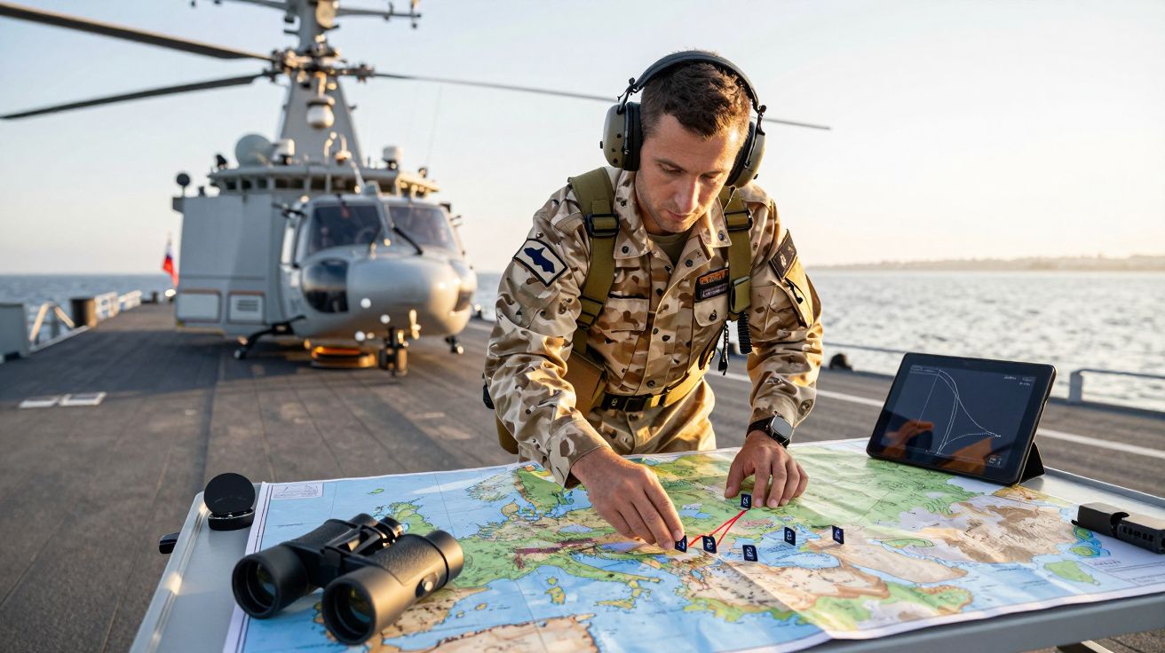 Soldado em uniforme camuflado planeia rota num mapa naval sobre uma mesa no convés, com helicóptero ao fundo.