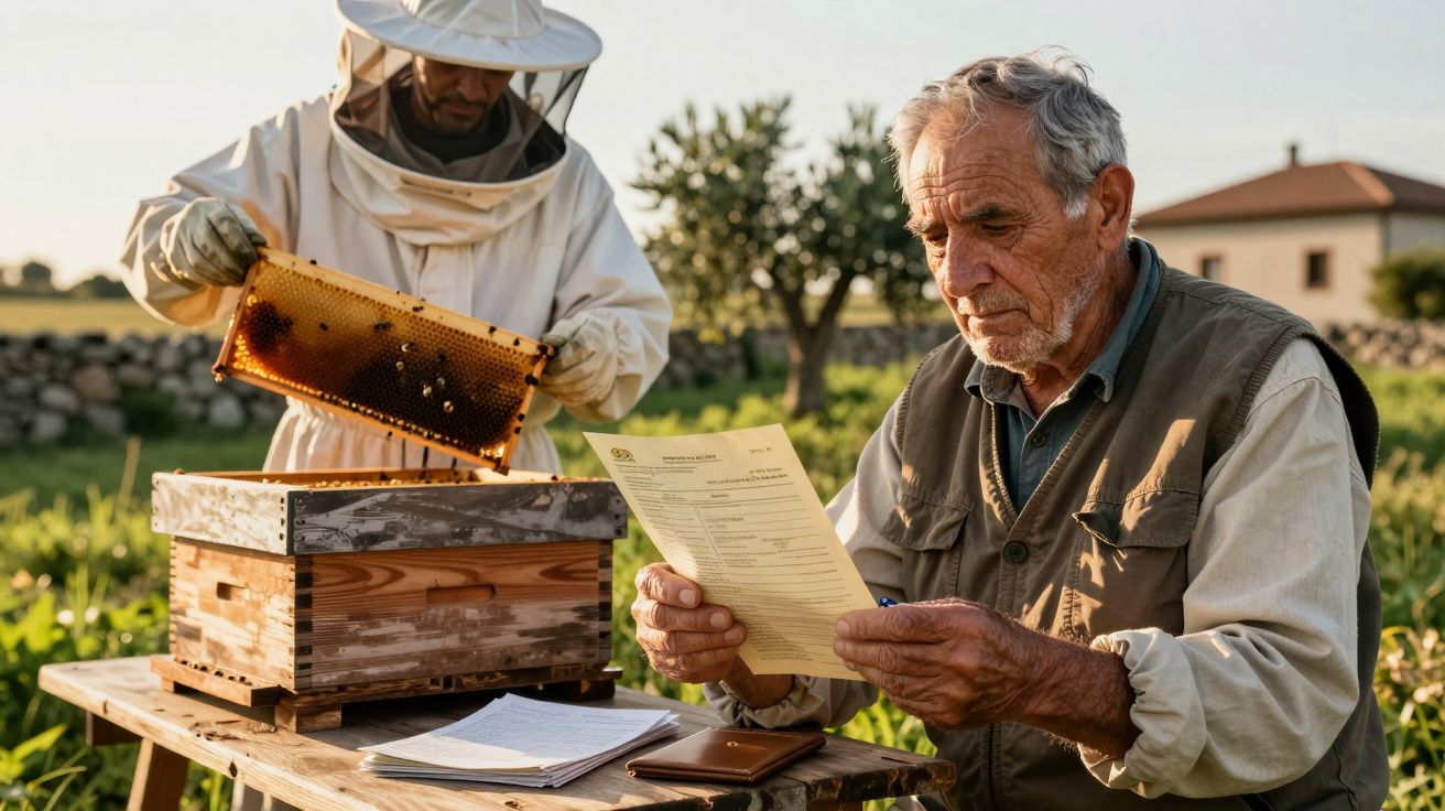 Apicultor em fato de apicultura mexe nas colmeias, enquanto um homem idoso lê documentos ao ar livre, num campo ensolarado.