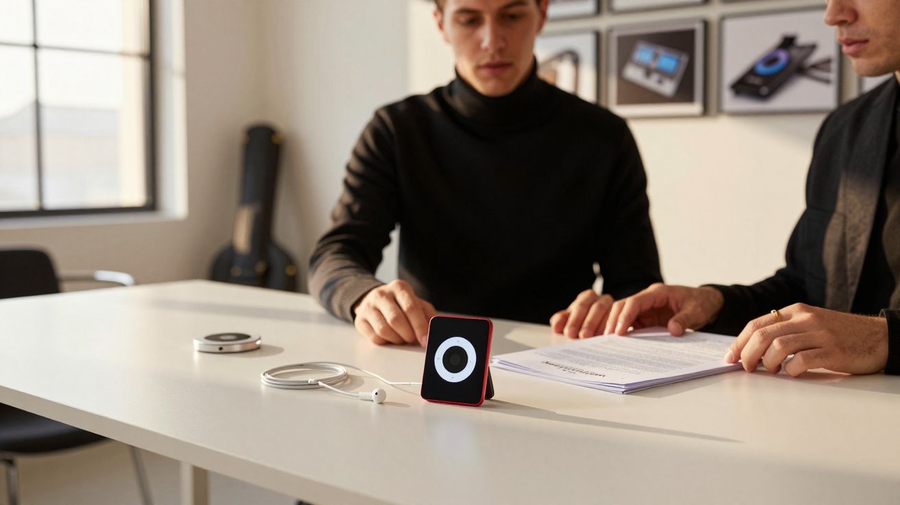 Dois homens numa mesa com dispositivos eletrónicos e documentos numa sala bem iluminada.