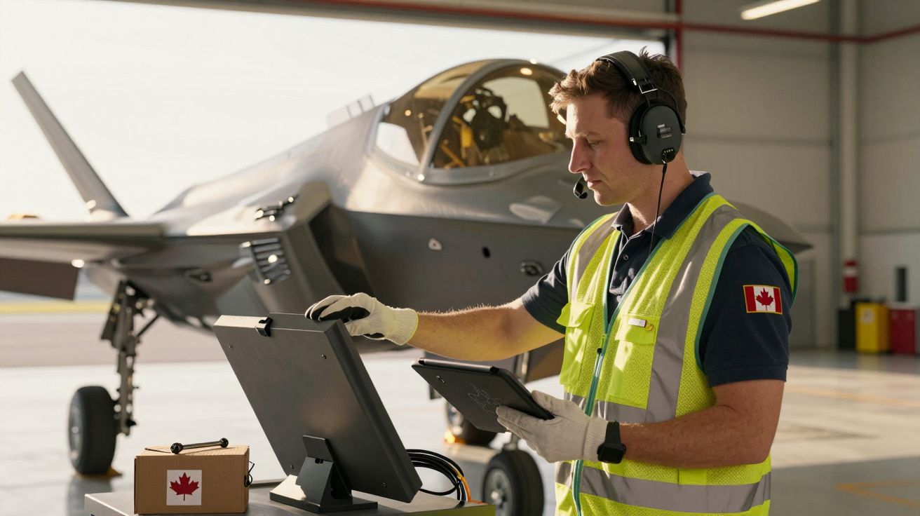 Técnico de aviação com colete refletor opera computador ao lado de um caça militar num hangar.