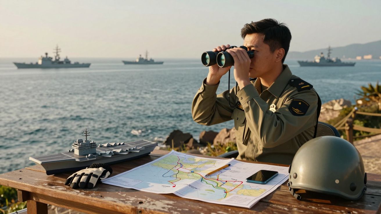 Militar observa navios com binóculos, mapas sobre a mesa e barco em miniatura à beira-mar.