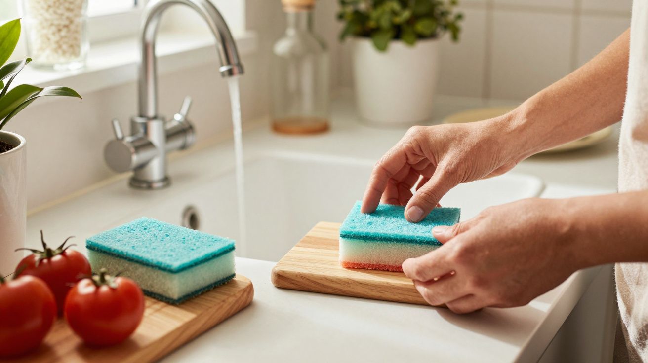 Mãos seguram esponja de cozinha azul numa bancada, com tomates e uma pia ao fundo.